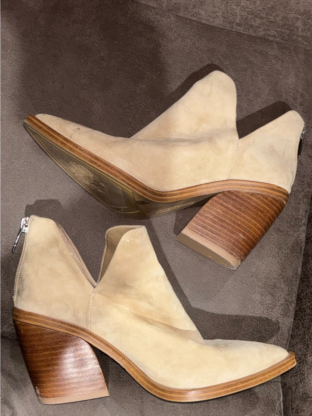 Women's Suede Ankle Booties in Light Beige - Stylish Block Heel